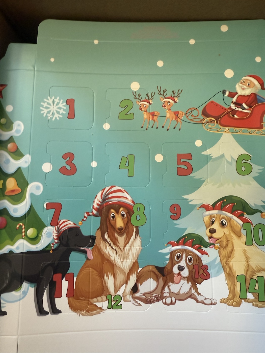 Teal sample Advent calendar with numbered doors and holiday dog illustrations